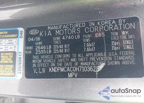 2017 Kia Sportage Lx z USA, uszkodzony, nr VIN KNDPMCAC0H7103628